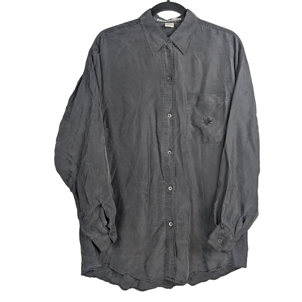 Vtg M Womens 100% Heavy Silk Button Down Shirt Long Sand washed Charcoal Gray